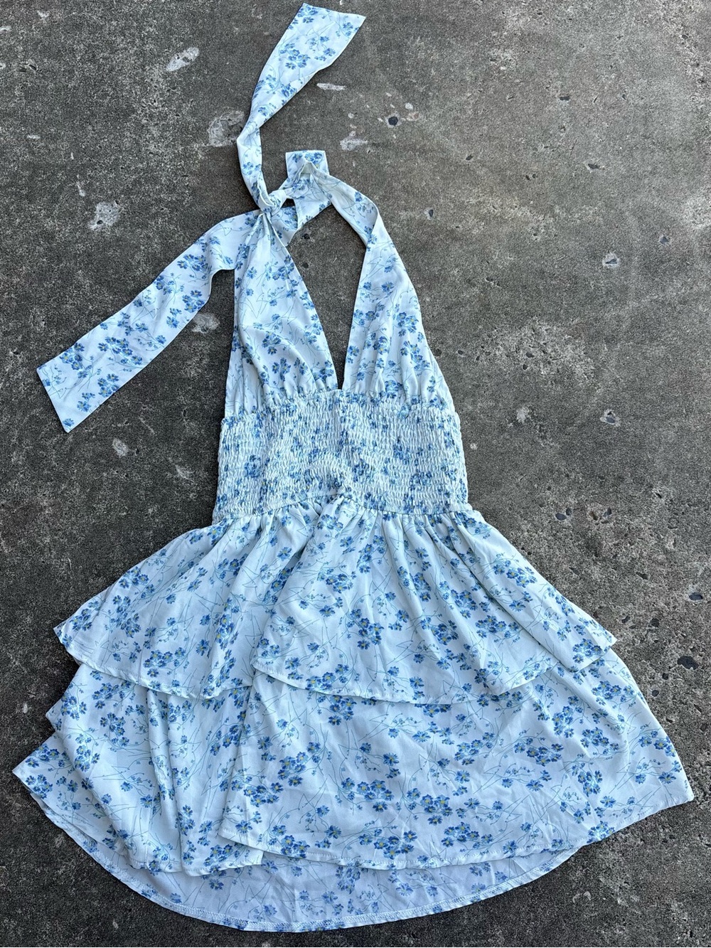 Light Blue Floral Halter Mini Dress with Smocked Waist